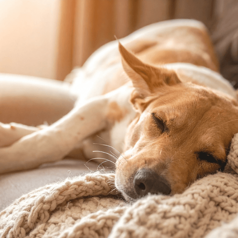 sproščen pes z občutljivo prebavo v domačem okolju