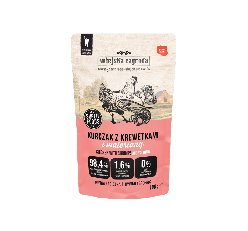 Piščanec s kozicami in baldrijanom superfoods mokra hrana za odrasle mačke