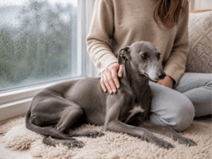 Nemiren whippet med nevihto išče bližino skrbnice