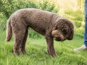 Rjavi lagotto grizlja svežo travo